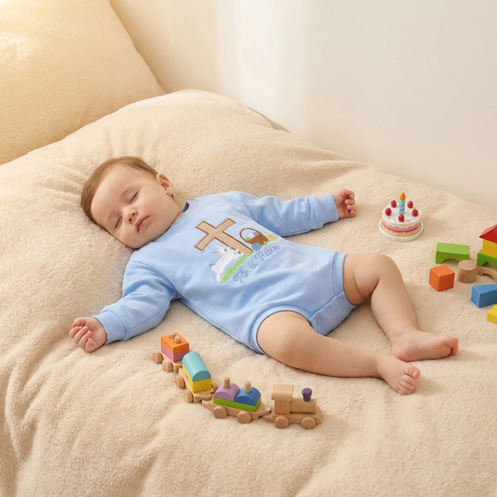 Infant Baby Boy Easter Romper Long Sleeve Crew Neck Cross Bunny Egg Embroidery Bodysuits Cute Spring Baby Sweatshirt Jumpsuit