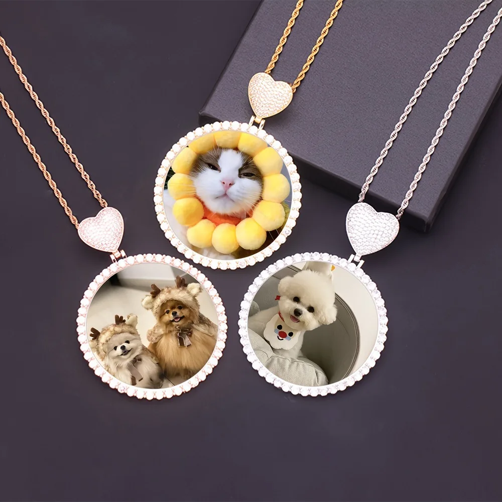 

2pcs/ Bag Hip Hop Heart Hook Large Round Shape Photo Frame Pendant Iced Out Cubic Zircon Picture Memory Circle Charm Necklace