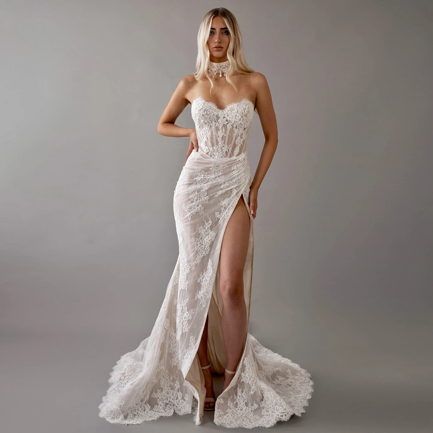 Sharon Said High Quality Mermaid Tulle Off White Lace Wedding Dress With High Slit 2026 Sweetheart Bride Dress SW056 Customized
