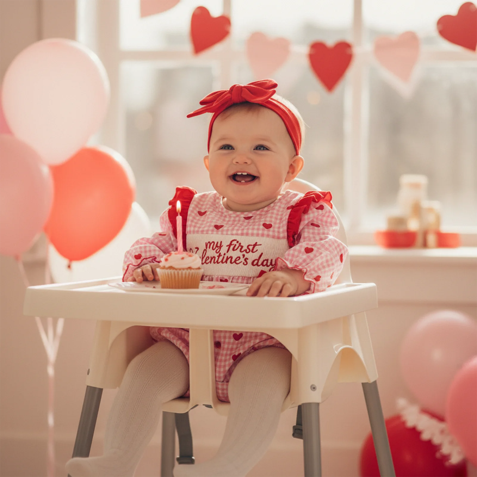 2Pcs Infant Girl Valentine's Outfit Long Sleeve Crew Neck Letters Embroidery Heart Print Romper and Headband Set 0-18M