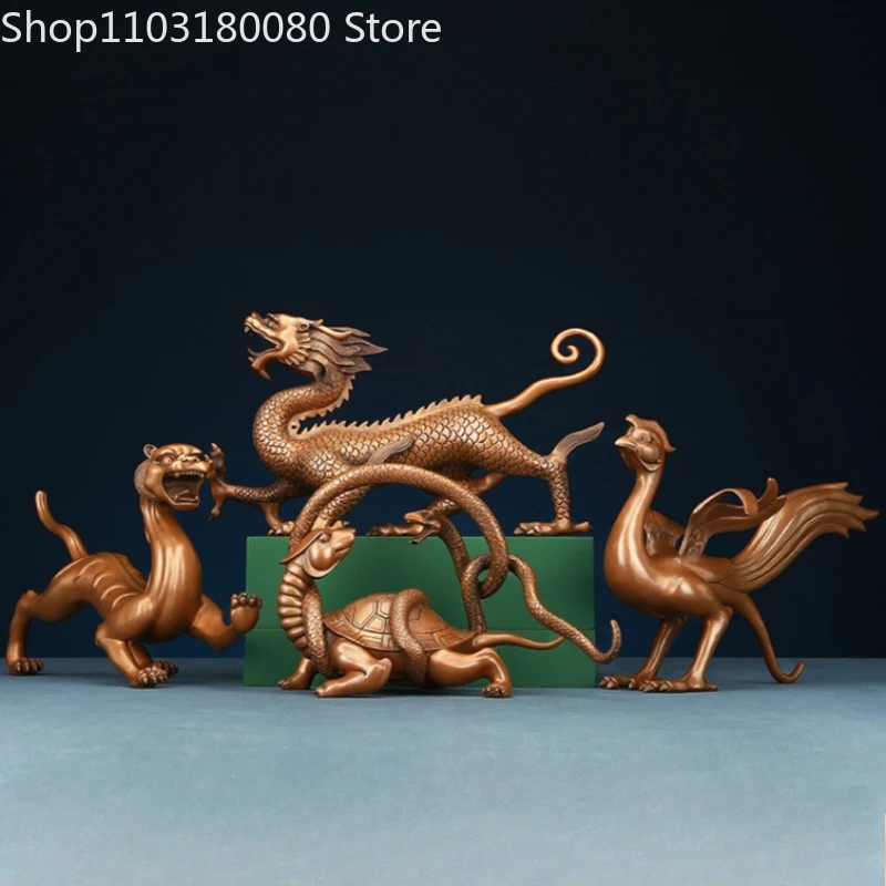 Red copper Four Symbols Blue dragon White Tiger Xuanwu Black tortoise Zhuque Linnet Statue Chinese Fengshui decor