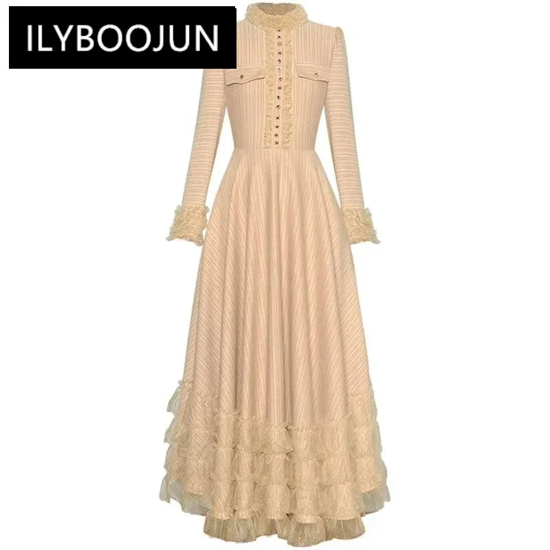 

ILYBOOJUN Fashion Runway Beige Vintage Dress Women Stand Collar Long Sleeve Button Mesh Ruffles High Waist Slim Long Dress