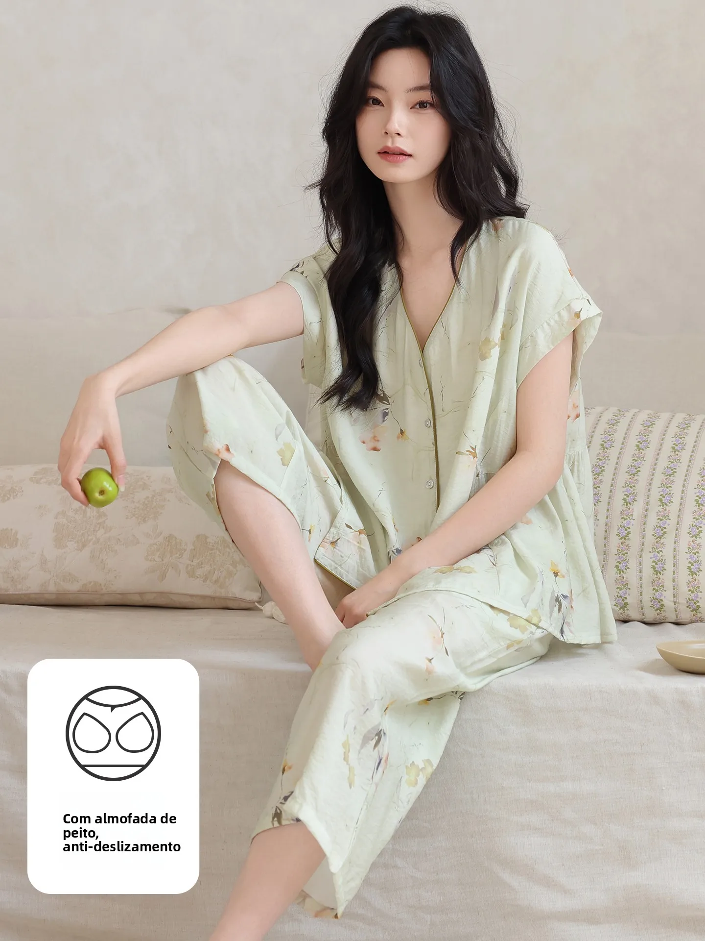 ladies-summer-sleepwear-set-with-chest-pad-loose-fit-short-sleeve-open-cardigan-lyocell-fiber-home-clothes-v-neck-button