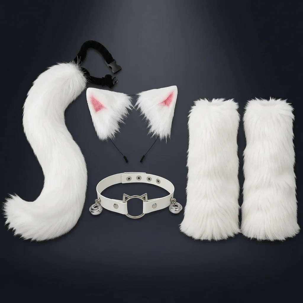 Party Props Fox Lolita Costume Set with Ears Tail Paw Gloves Boot Covers Knitted Artificial Fur for Halloween Cosplay Party