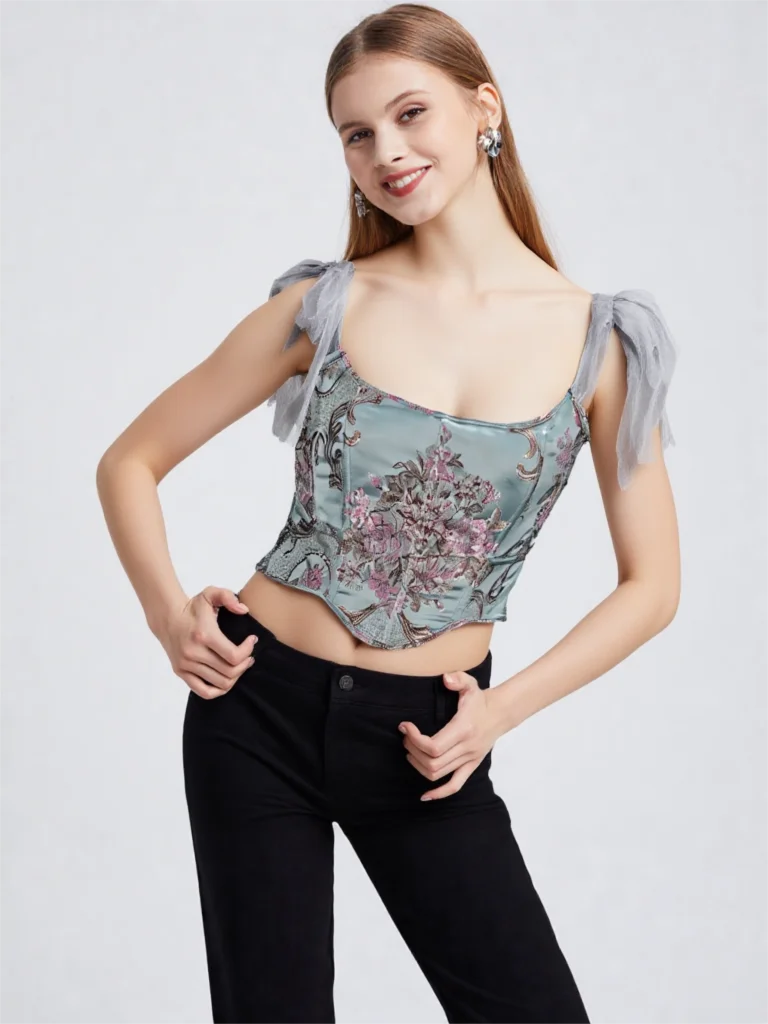 Light Blue Pink Embroidery Vintage Court Style Floral Corset Top with Boning Strappy Bustier Top for Party