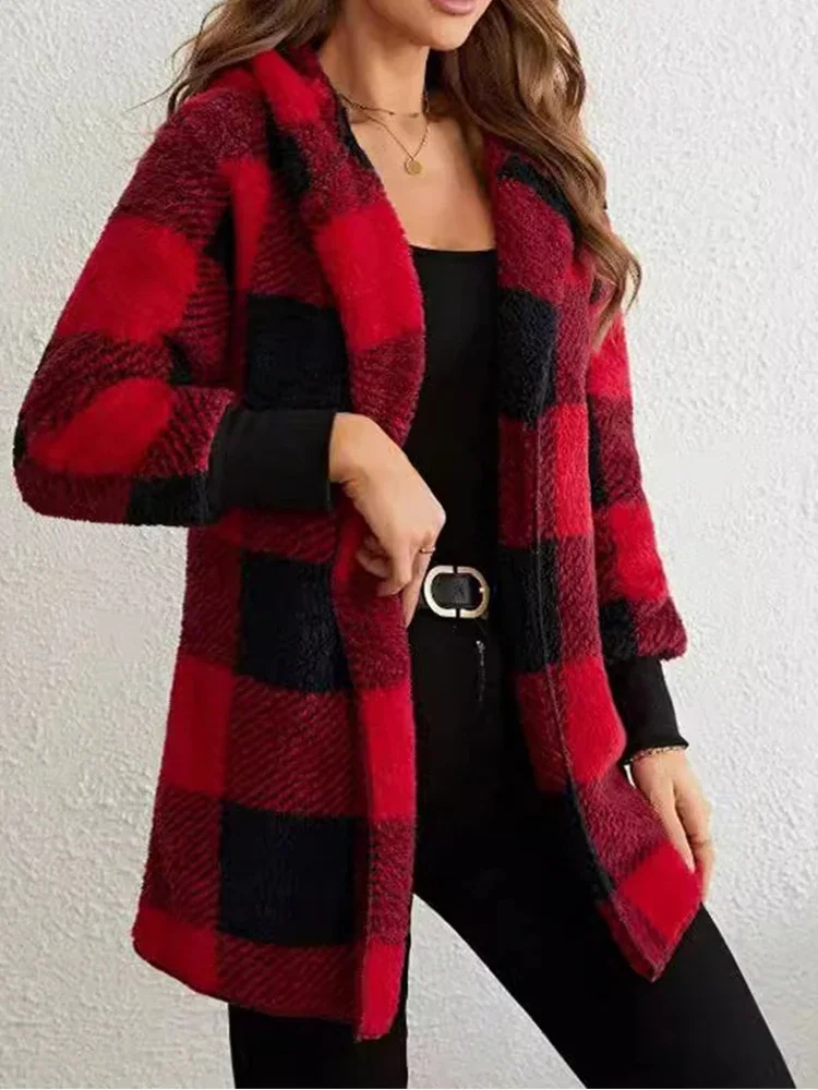 Winter Women Fashion Coat Plaid Warm Lapel Plush Elegant Faux Fur Outwear Loose Trend Women Long Sleeve Pockets Long-Cut Coats