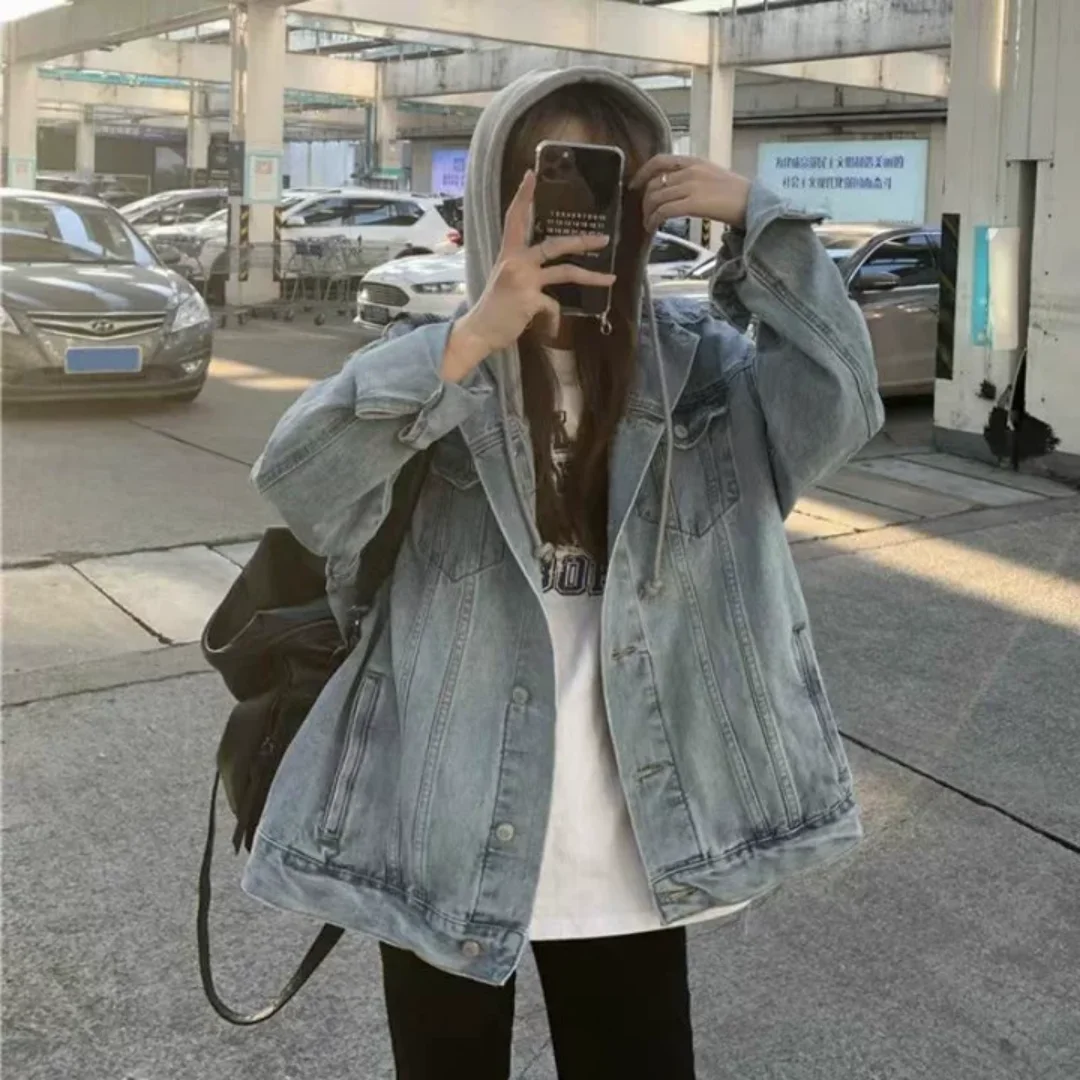 

Осенняя джинсовая куртка с капюшоном в стиле ретро, женская корейская версия, свободный и универсальный тренд с длинными рукавами
