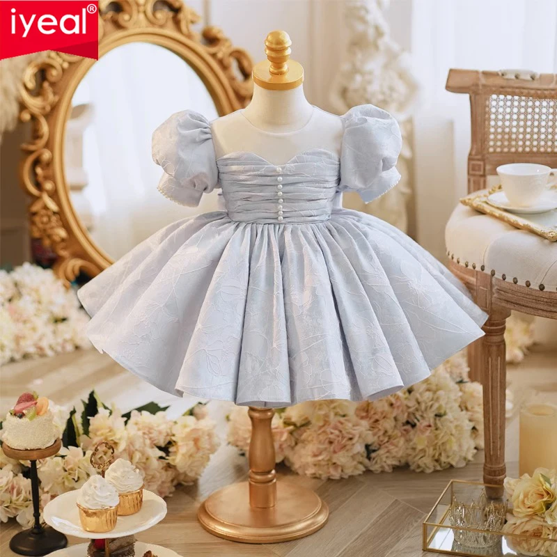 IYEAL Blue Children Holiday Dresses 2024 Pearl Butterfly Girl\'s Party Dress For Eid Wedding Birthday Party First Communion Gown