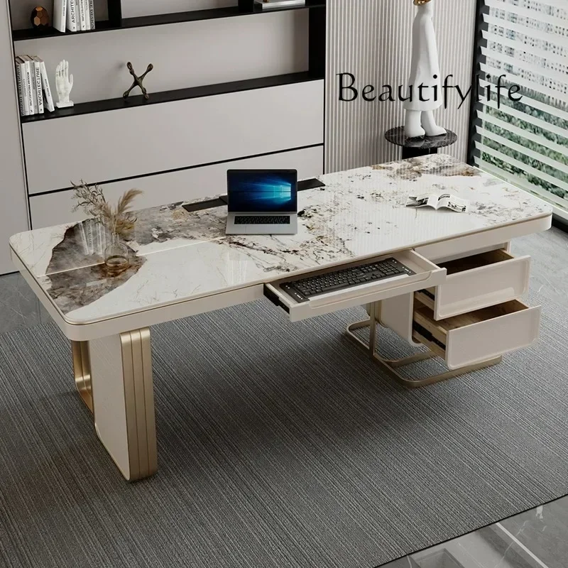 Computer Desk with 4 Drawers, 47 Inch Modern Home Office Desk with Glass Tops, White and Gold Writing Workstation Desk Slate