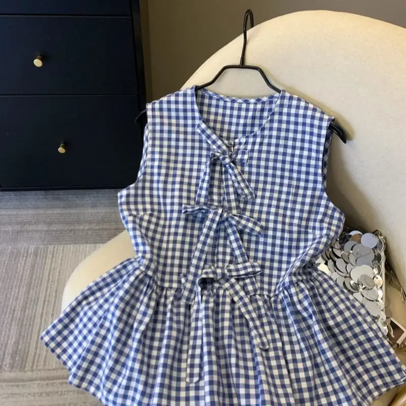 

Design Sense French Bow Print Gingham Sleeveless Women Summer 2026 New Floral Frill Vest Tea Infused Skirt Blouse Top