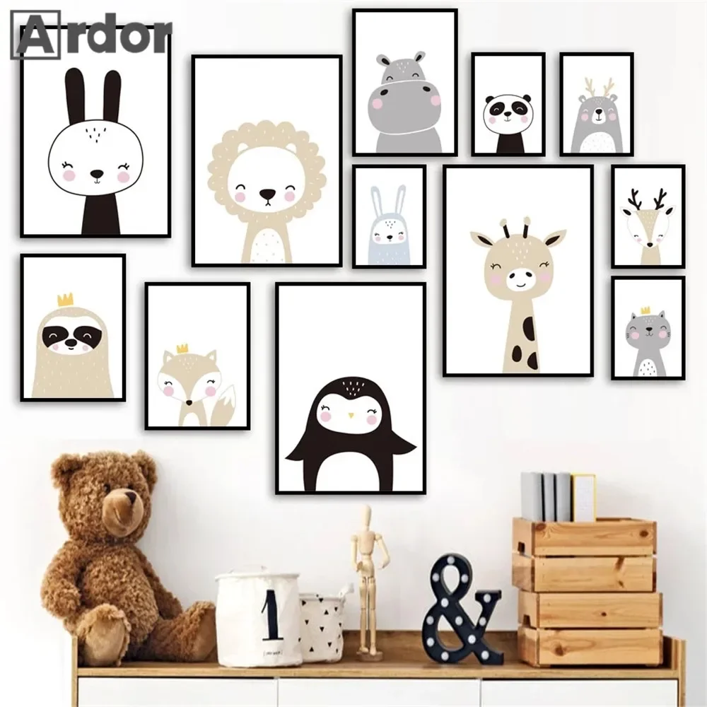 الكرتون الغزلان الأسد الزرافة الحيوانات الملصقات قماش اللوحة الحضانة جدار الفن طباعة الشمال جدار صور الطفل غرفة الاطفال الديكور #1