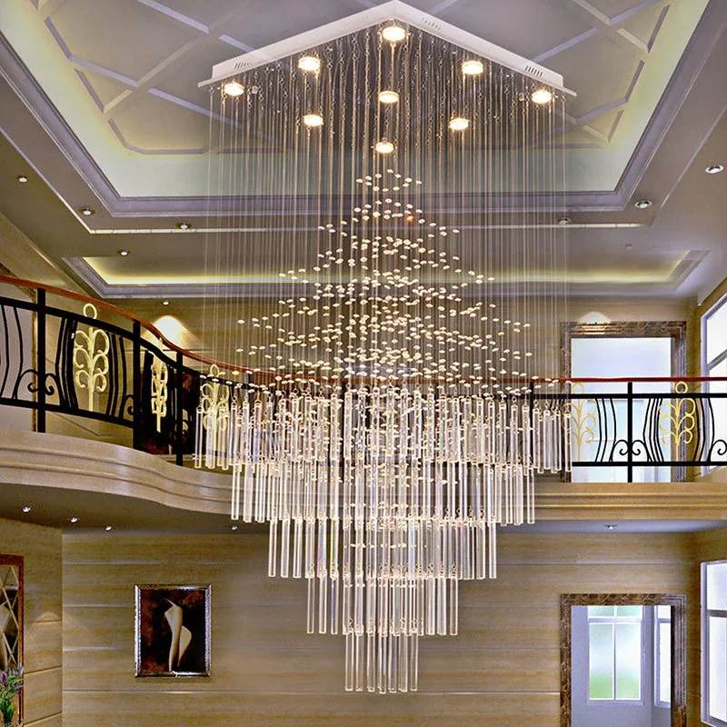 Modern Chandelier For Living Room Columnar Crystal Hanging Lamp Square Base Light Fixture Stair Loft