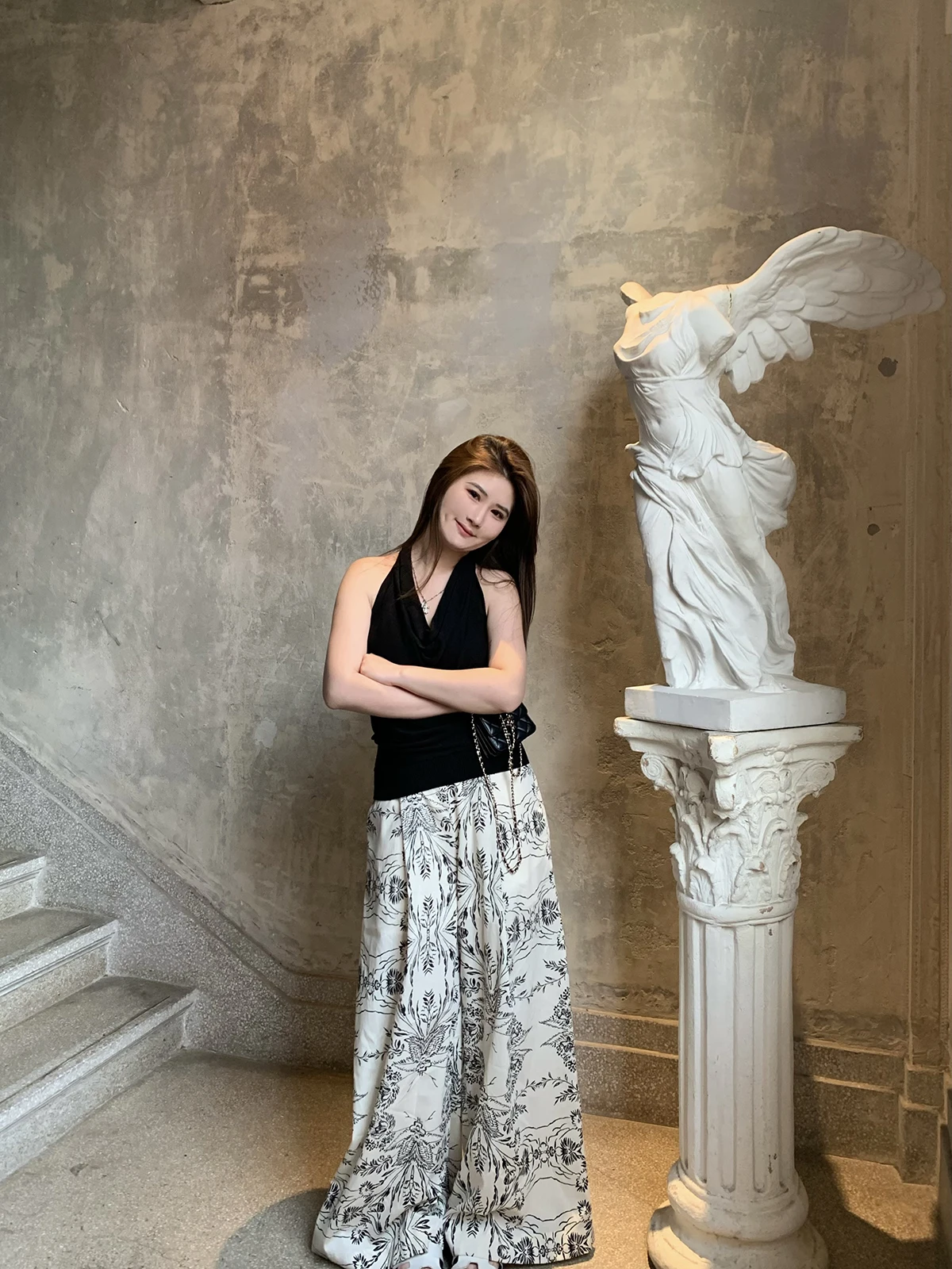 

Повседневные длинные брюки ChubbyGirl в китайском стиле, скрывающие недостатки фигуры, для отдыха, с широкими штанинами, для полных женщин