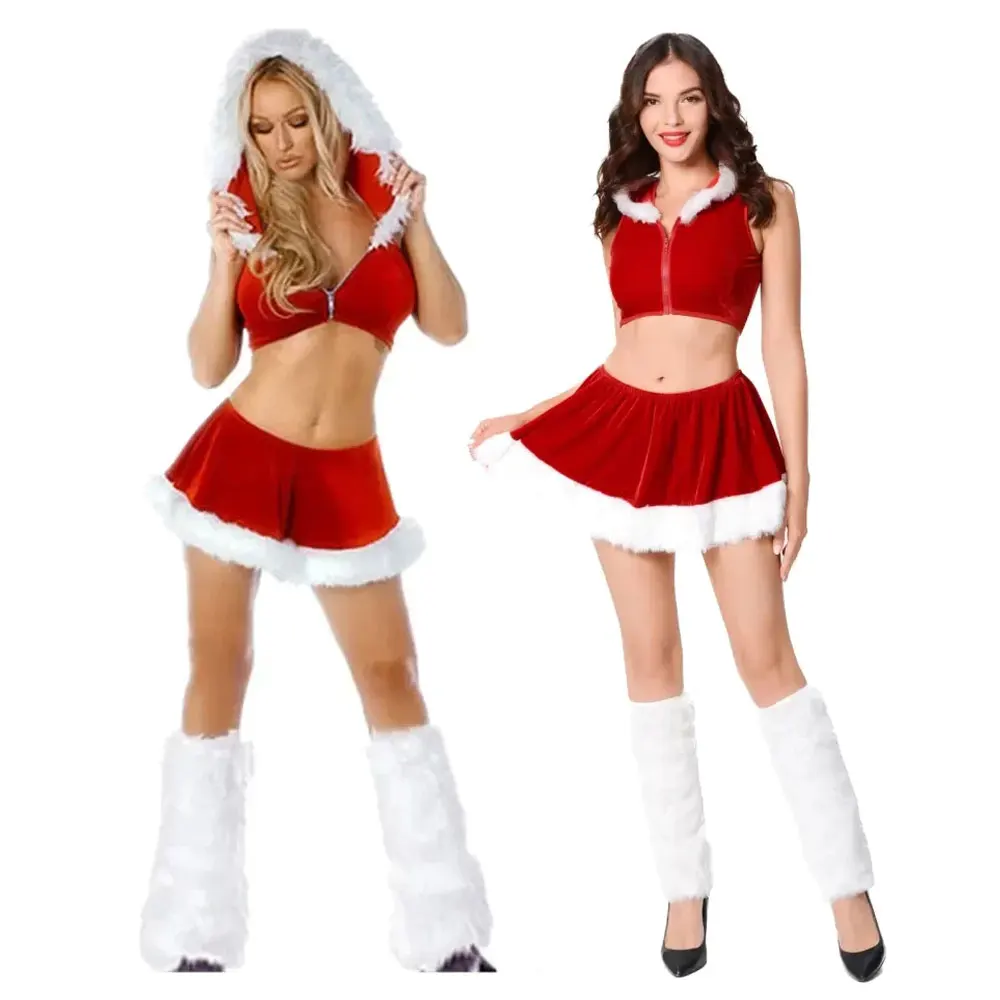 

Women Sexy Seductive Christmas Hoodie Cosplay Set Santa Claus Dress New Year Xmas Masquerade Performance Cosplay Red Uniform