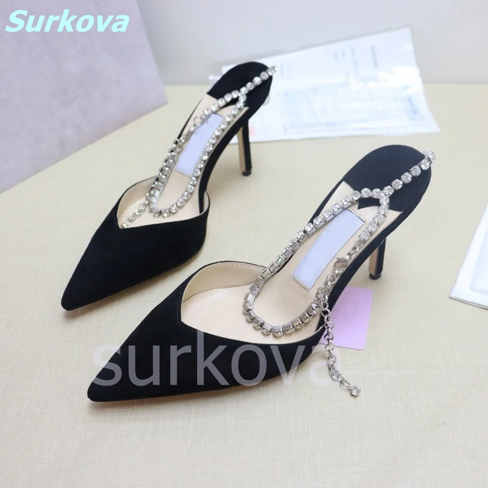 Hottest Rhinestone Sandals Pink Pointed Toe Slingbacks Bling Ankle Chain Women Shoes Beautiful Fashion High Quality Sexy Shoes