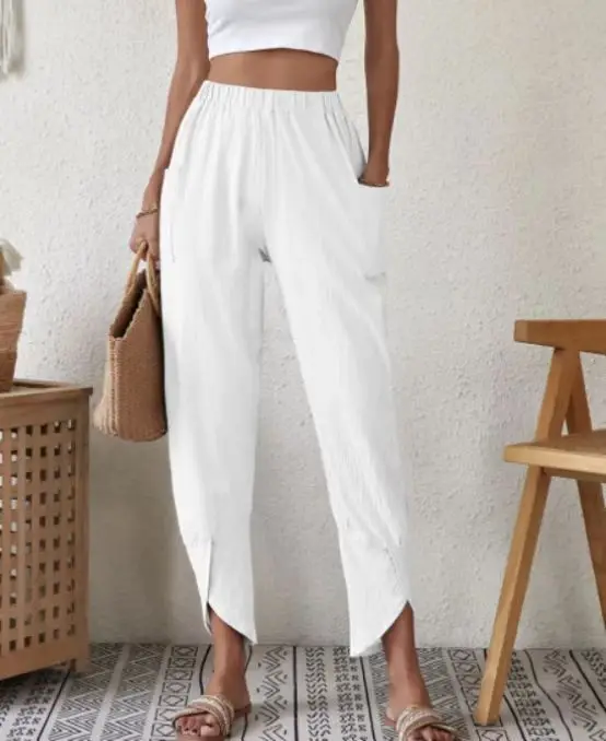 Women Harem Pants Vintage Cotton Linen Elastic Waist Wide Leg Trousers Female Casual Solid Pockets Loose Cropped Pants S-5XL