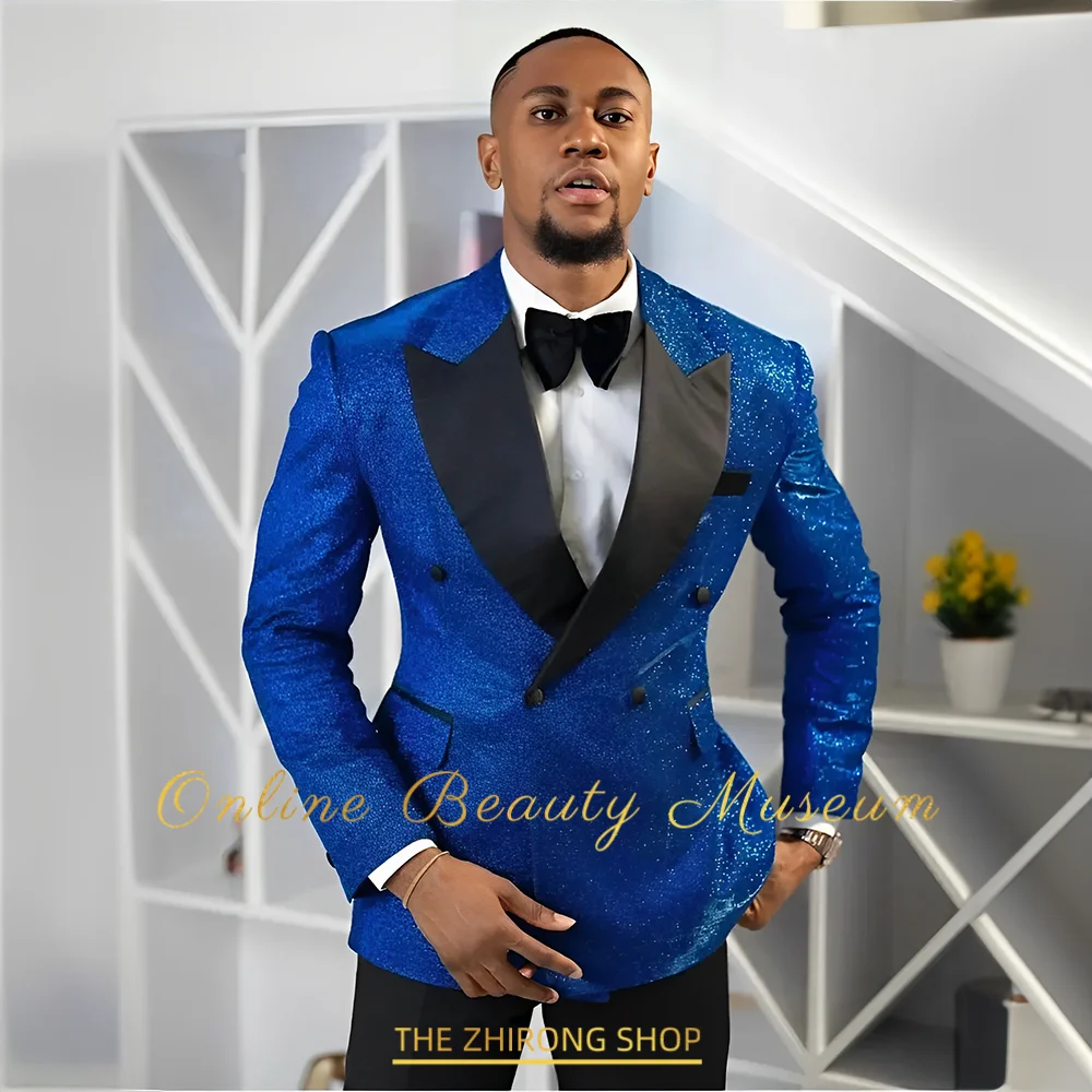 Men Wedding 2-Piece Tuxedo (Blazer +Pants) Satin Collar Royal Blue Sequined  Jacket Mariage Party Prom Easter Custom Made Attire