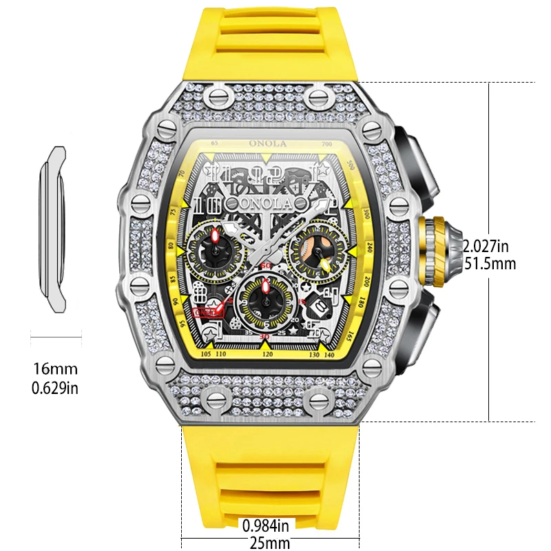 Men's ONOLA hollow dial multifunctional quartz watch silicone strap sports watch
