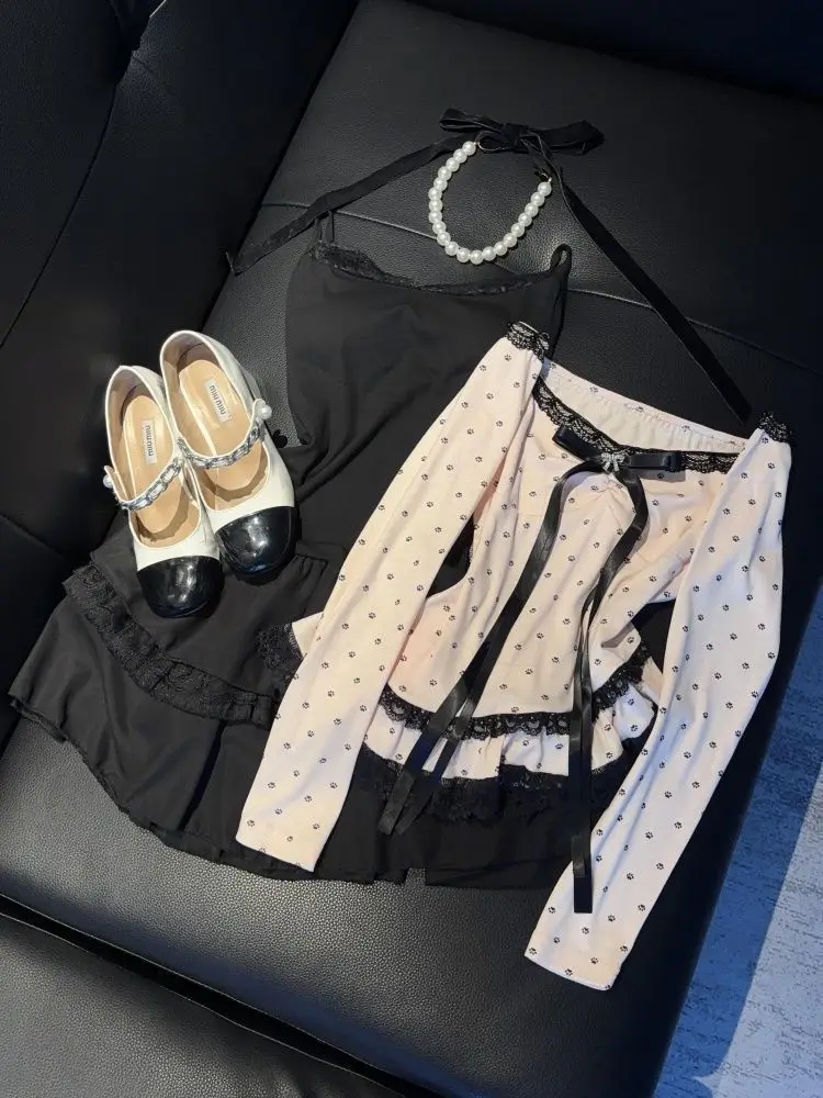 Süßes Y2K-Zweiteiler-Set im japanischen Stil für Damen mit Schleife und gepunktetem Oberteil + leicht dehnbarem Spitzenkleid, High-Street-Chic-Party-Set