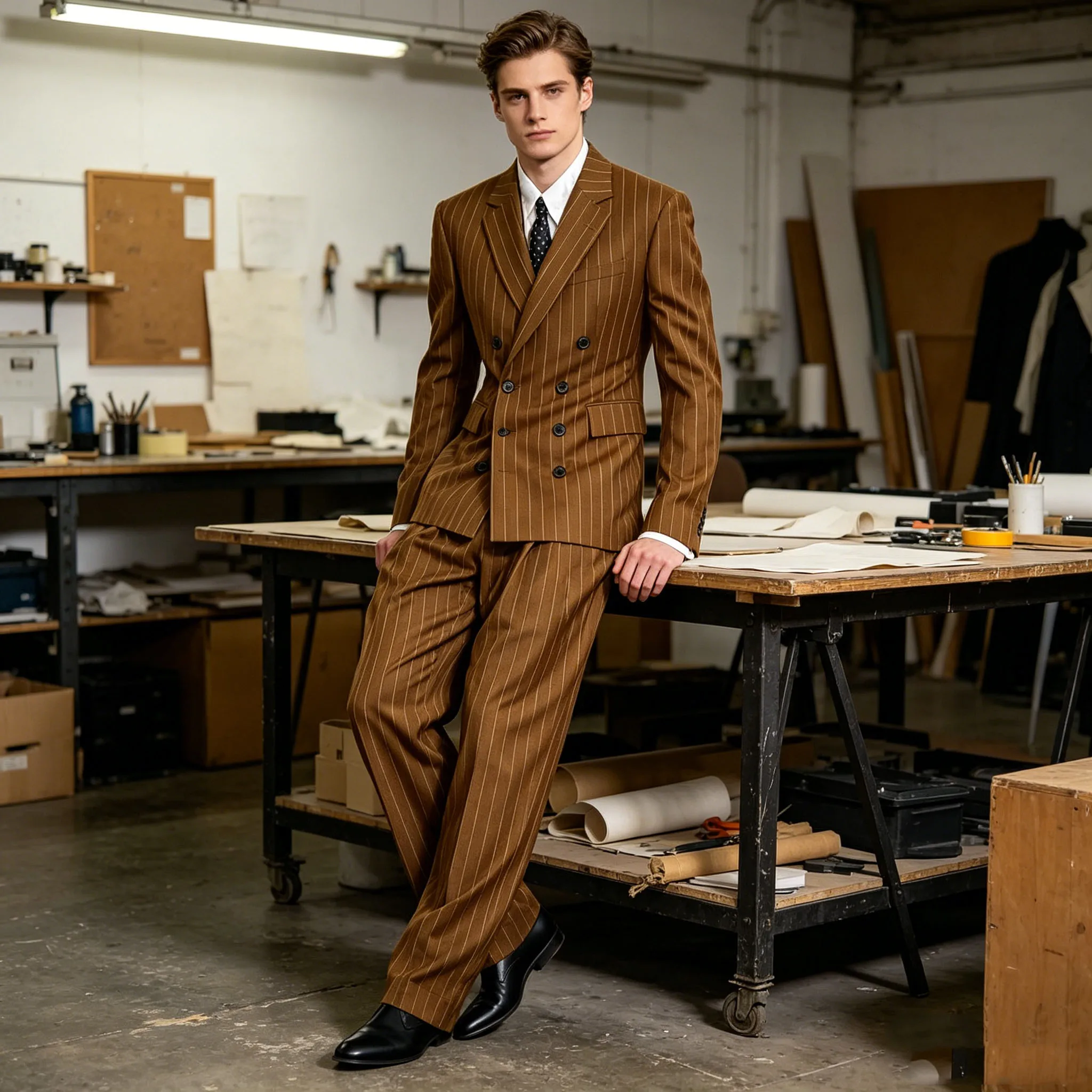 Traje de hombre marrón a rayas, 2 piezas, doble botonadura, corte ajustado, chaqueta con solapa de muesca, pantalón de pierna ancha, conjunto formal para negocios y bodas
