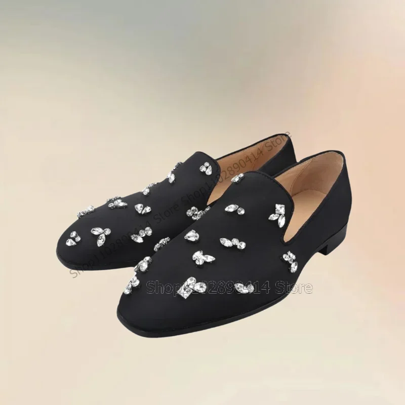 

Crystal Flower Decor Black Square Toe Loafers Fashion Slip On Men Shoes Luxurious Handmade Party Banquet Wedding Men Dress Shoes