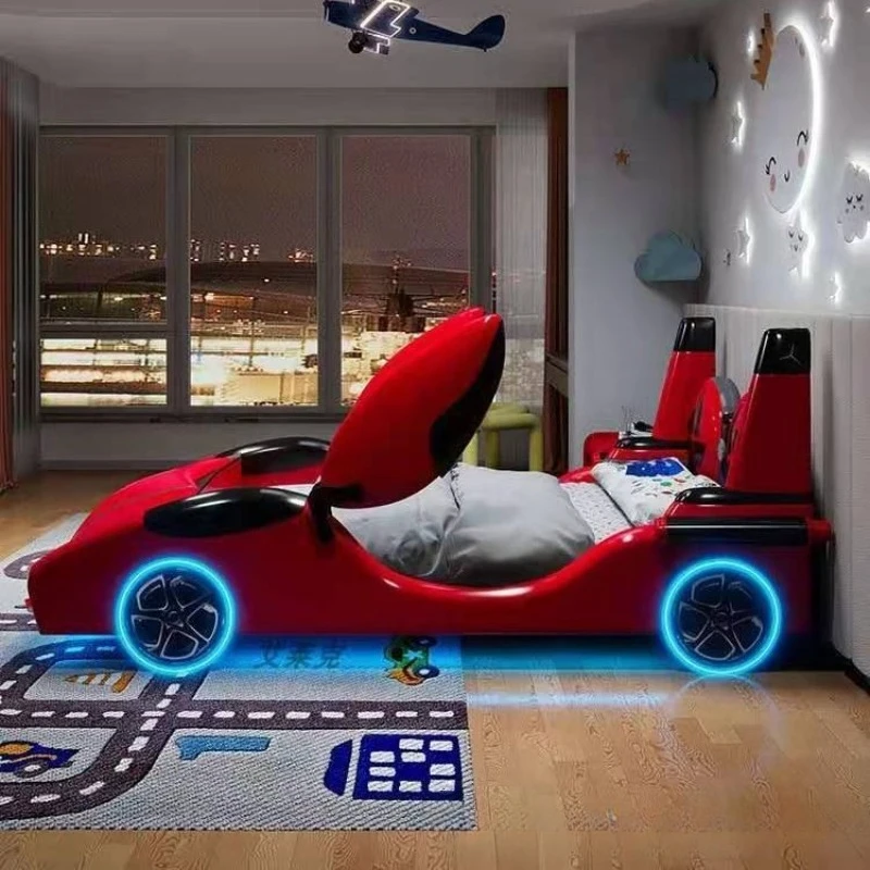 Internet celebrity bedroom with guardrail student sports car bed cartoon single storage solid wood bed 5