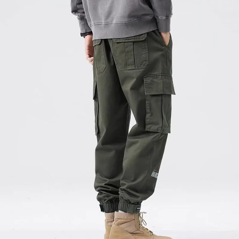 Vintage Fashion Printing Letter Multiple Pockets Stickers Man Cargo Pants Classic Loose Straight Cylinder Male Casual Trousers