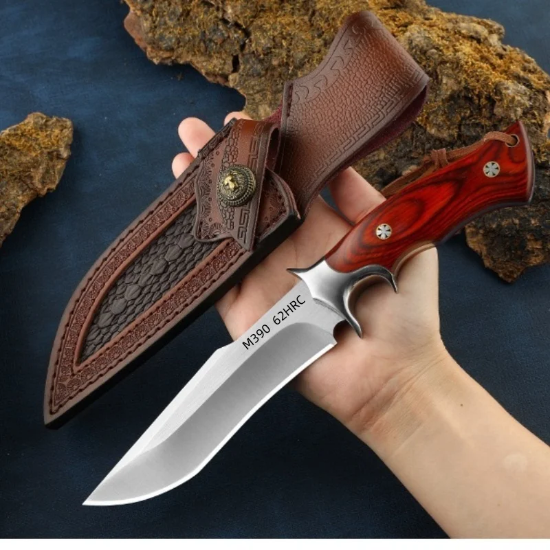 M390 62HRC Fixed Blade Decor Knife, Full Tang Structure, Wooden Handle, Matching Leather Sheath For Collection