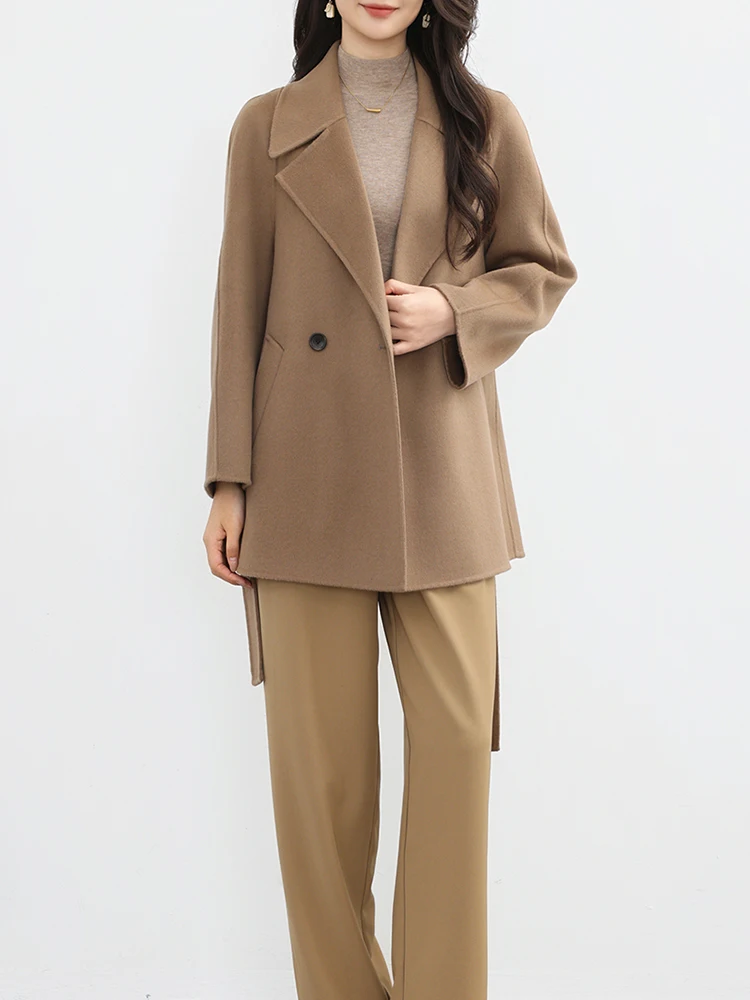 منتصف طول معطف الصوف النساء 100% الصوف معاطف قصيرة حزام واسعة طوق التلبيب الخريف الشتاء فضفاض سترة السيدات جديد # 27