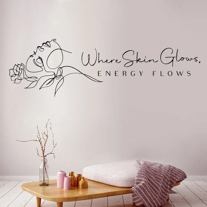 Where Skin Glows Energy Flows Transverse Girl Line Art Decal Beauty Salon,Skin Therapist,Aesthetics,Esthetician Decor Murals Q58