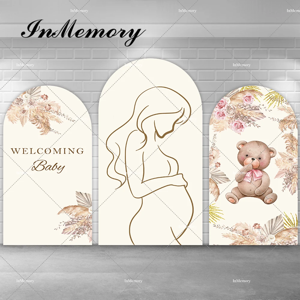

Oh Baby Boho Pampas Bear Arch Backdrop Cover бежевый для беременных женщин Baby Shower Clear Wall фоны Doubleside поставщик