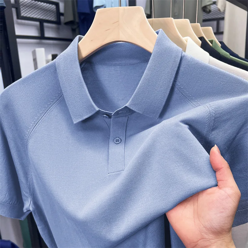 T-shirt da uomo in seta di gelso 2025 Polo estiva classica in maglia Lyocell Top a maniche corte Maglieria da uomo in cotone di seta sottile e traspirante