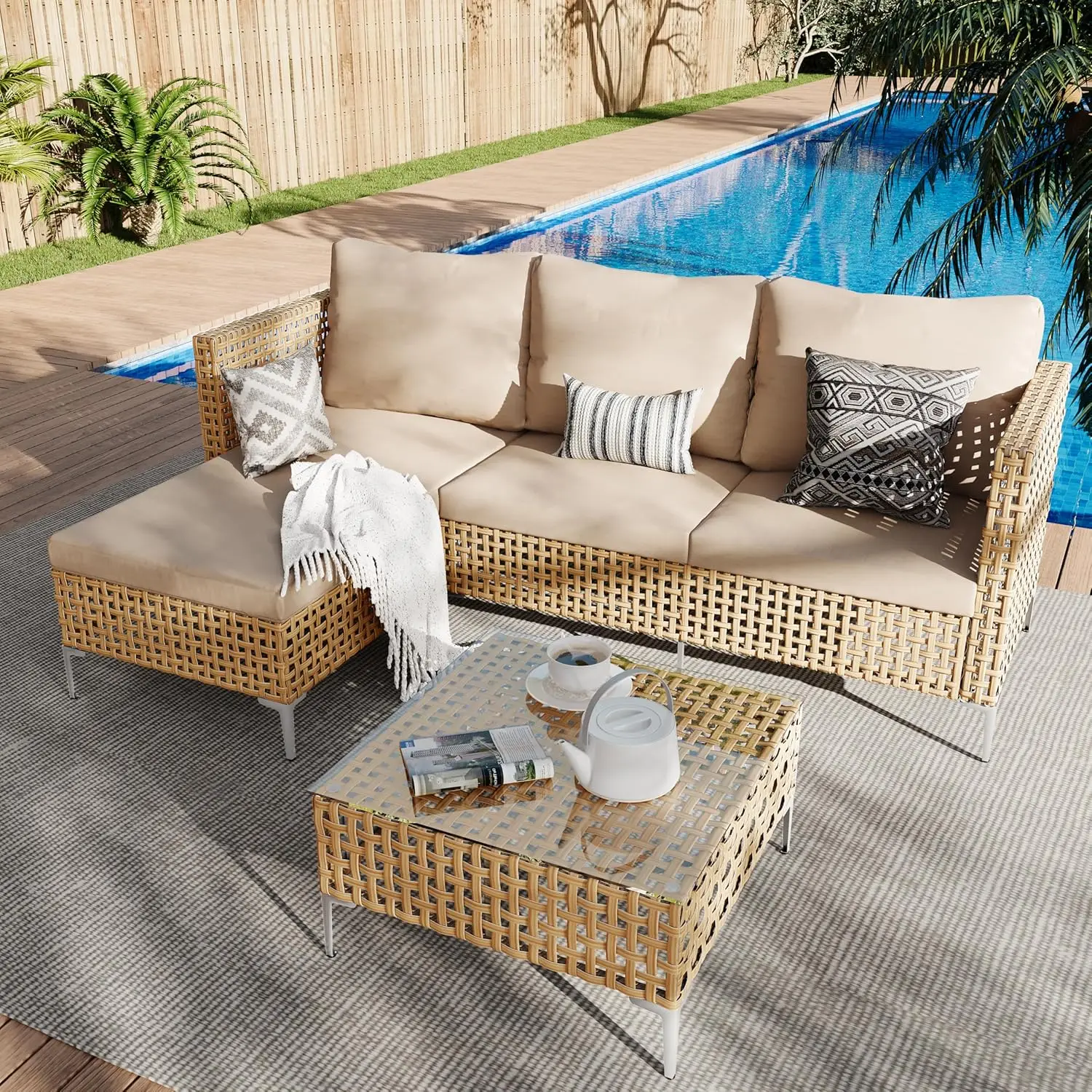 

3-Piece L-Shaped Patio Furniture Set-Weather Resistant Wicker Sectional Sofa with Thick Cushions & Coffee Table for Small Spaces