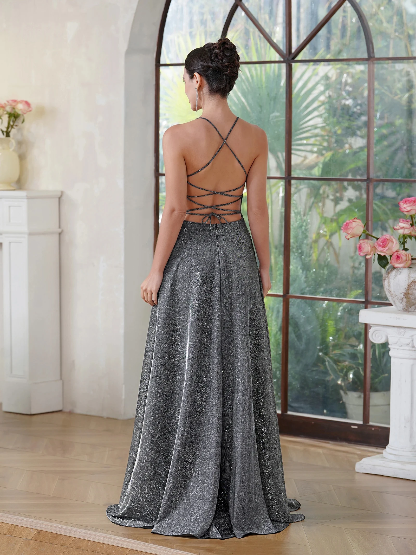 A-line Backless Slit Floor-length Prom Dresses For Women Party Spaghett Straps  Sexy Long Evening Formal Occasion Dresses