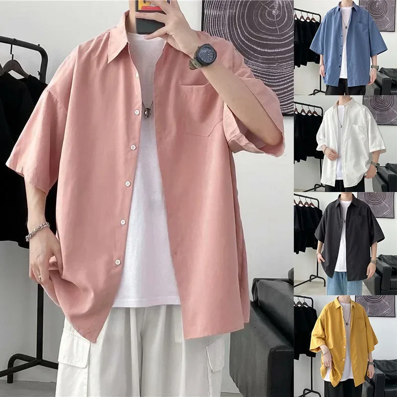 EBAIHUI Short Sleeved Shirt Men's Summer Korean Simple Loose Blouse Hong Kong Wind Japanese Solid Color Vintage Cardigan Blusas