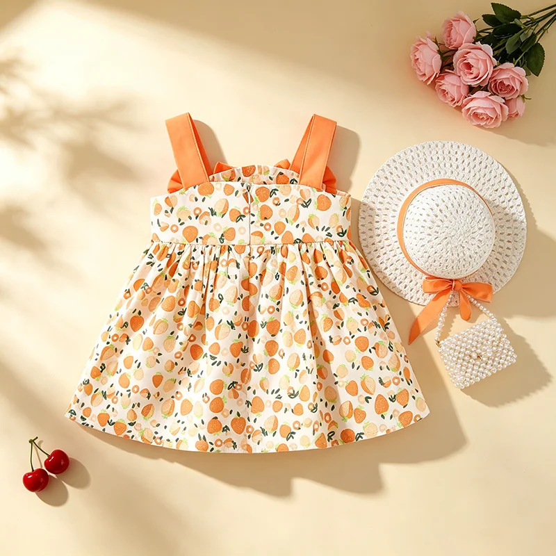 2Pcs/set Children Summer Sweet Strawberry Print Dress Baby Girls Orange Big Bow Straps Smocked Vacation Outfit Toddler Clothes