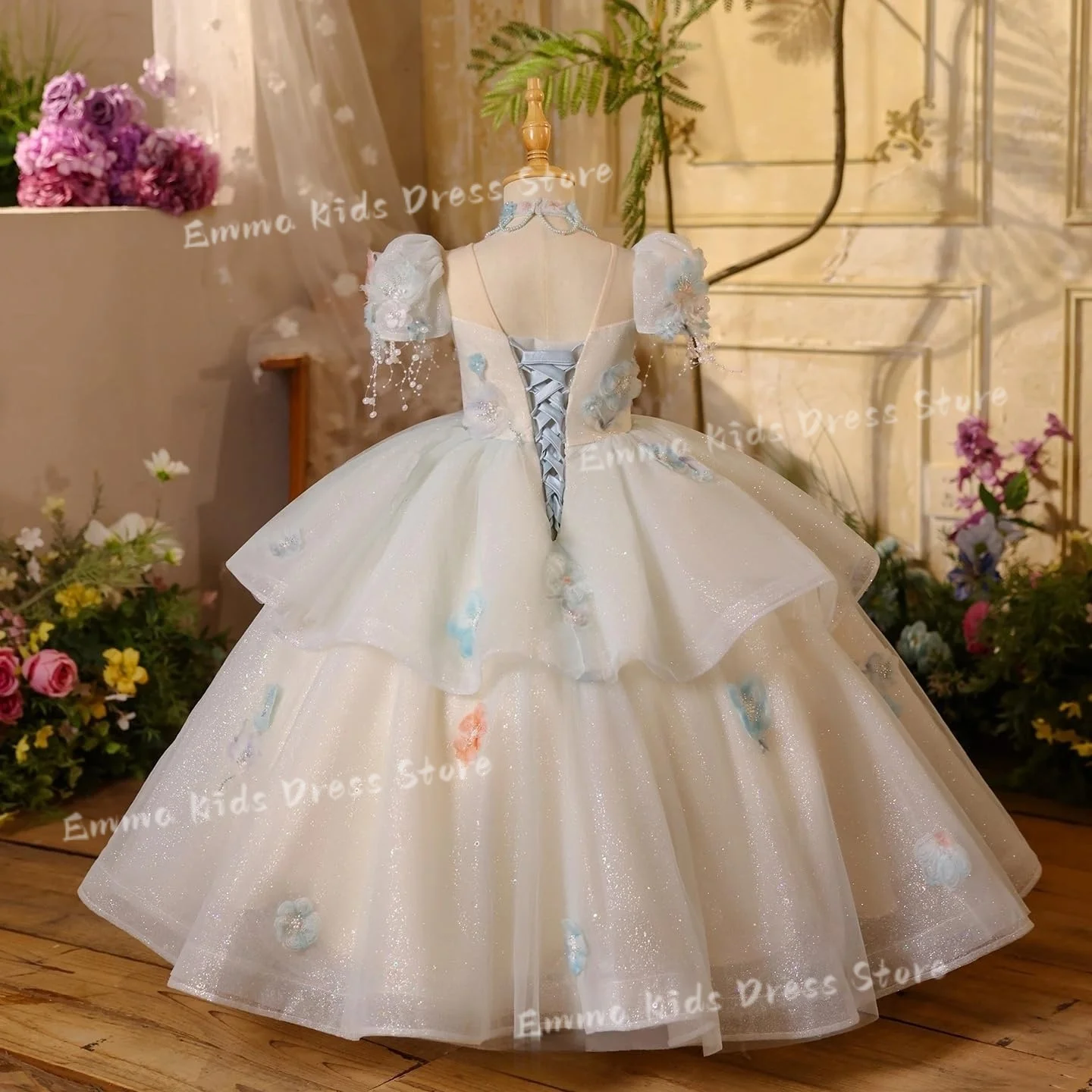 

DROIS Custom Floral Tulle Flower Girl Dress for Weddings,with Beadedcrystals Suitable for First Communionbirthday Parties and Mu