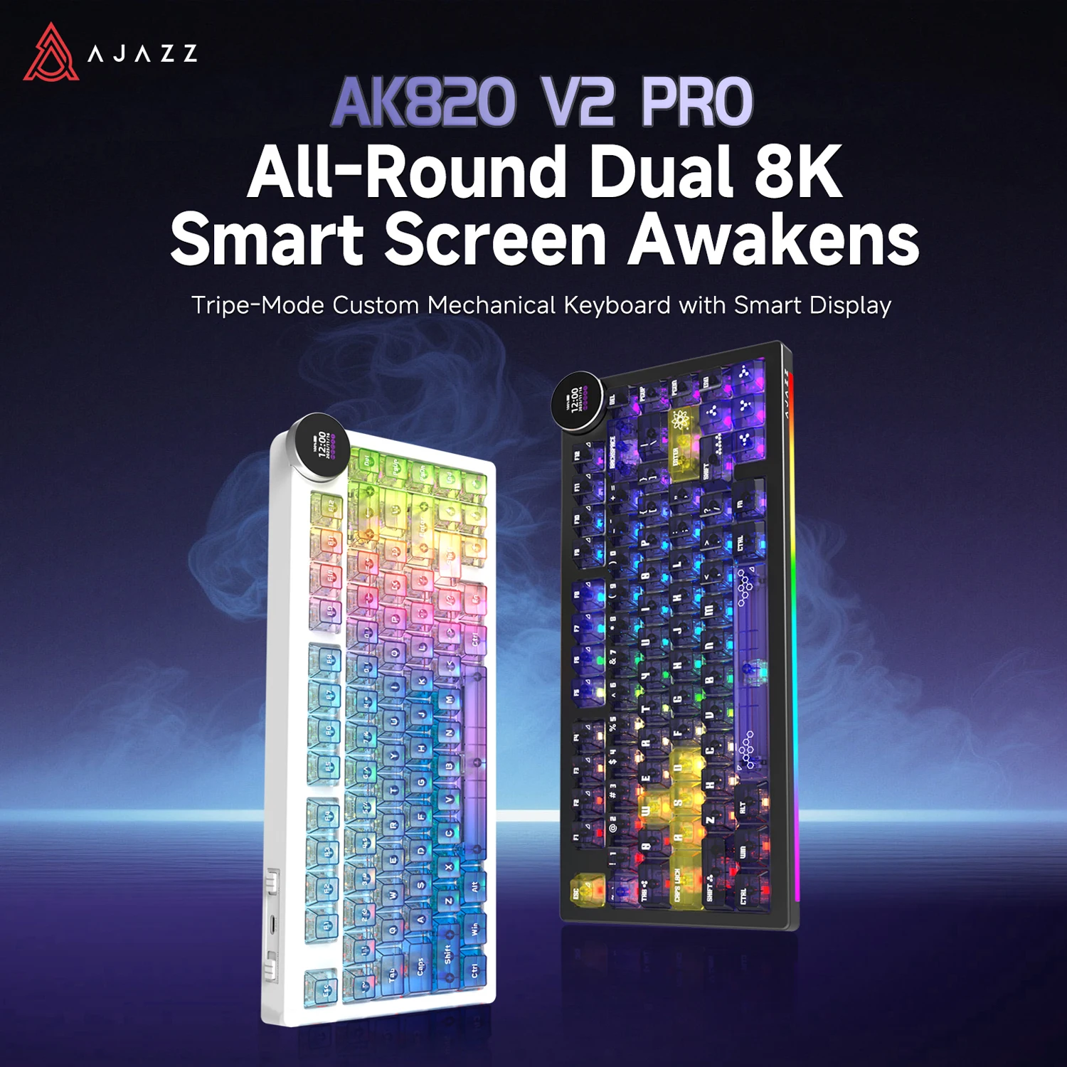 AJAZZ AK820 V2/V2PRO 82-Key Tri-Mode Wired/Bluetooth/2.4G Mechanical Keyboard with Display, Suitable for Office and Gaming