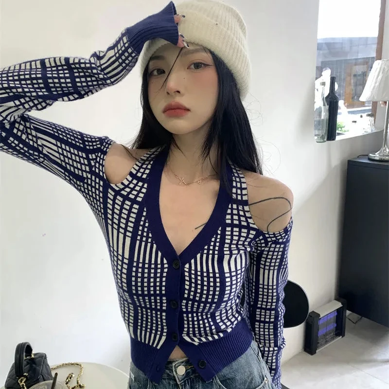 Blue Plaid Sexy Knitted Cardigan Women Off Shoulder V Neck Slim Fit Long Sleeve Tops Fall Hottie Halter Y2K Streetwear Crop Tops