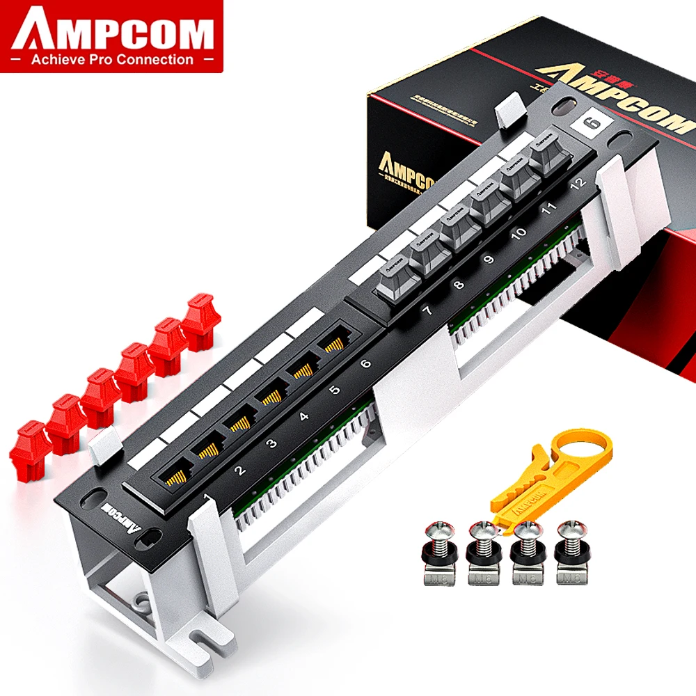 AMPCOM 12-portowy panel krosowy Cat 6A / Cat6UTP Mini panel krosowy z uchwytem do montażu naściennego w zestawie, czarny