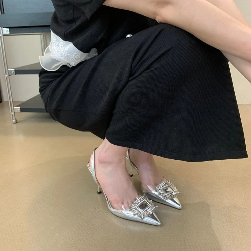 

Crystal Decor One Strap High Heel Sandals Women 2026 Summer New Design Pointed Toe Comfortable Shoes