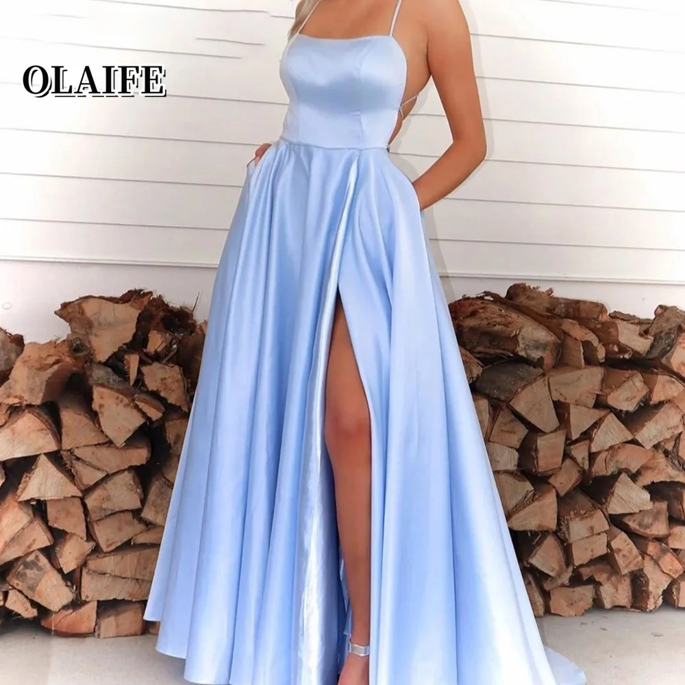 A Line Blue Evening Dresses Scoop Prom Dresses High Split Celebrity Dresses Stain Special Occasion Dresses vestidos de noche