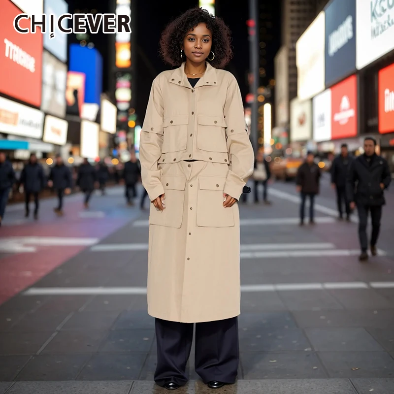 

CHICEVER Khaki Fashion Women's Coat Lapel Long Sleeve Single Breasted Patchwork Pockets Oversize Folds Spring Windbreaker Female