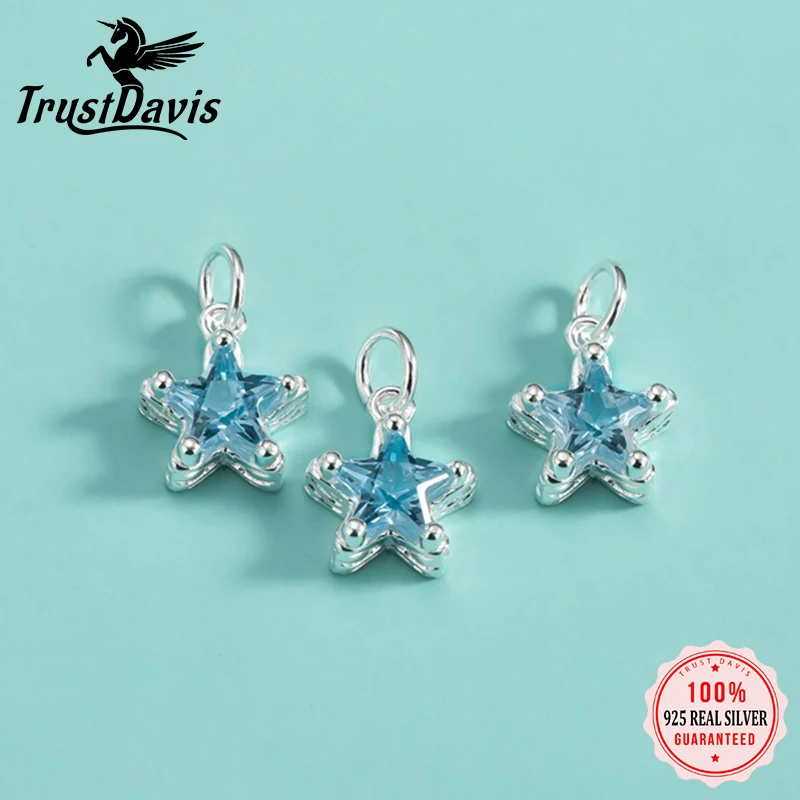 

TrustDavis New Real 925 Sterling Silver Fashion Shiny Diamond Blue Star Charm Pendant Handmade DIY Accessories Wholesale DZ1785