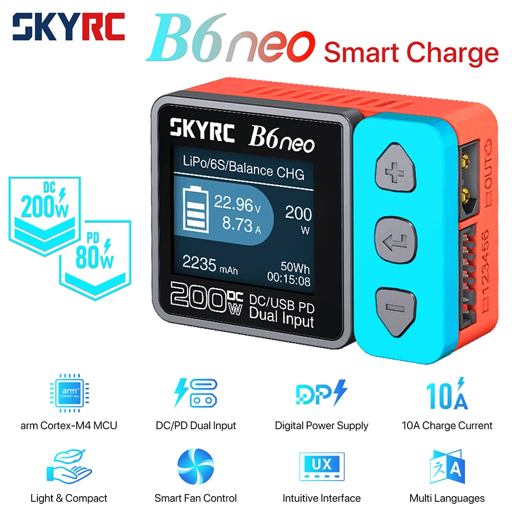 SkyRC B6Neo Smart Charger DC 200W PD 80W LiPo Battery Balance Charger SK-100198 Compact 6S Charger Discharger Skyrc B6 Neo