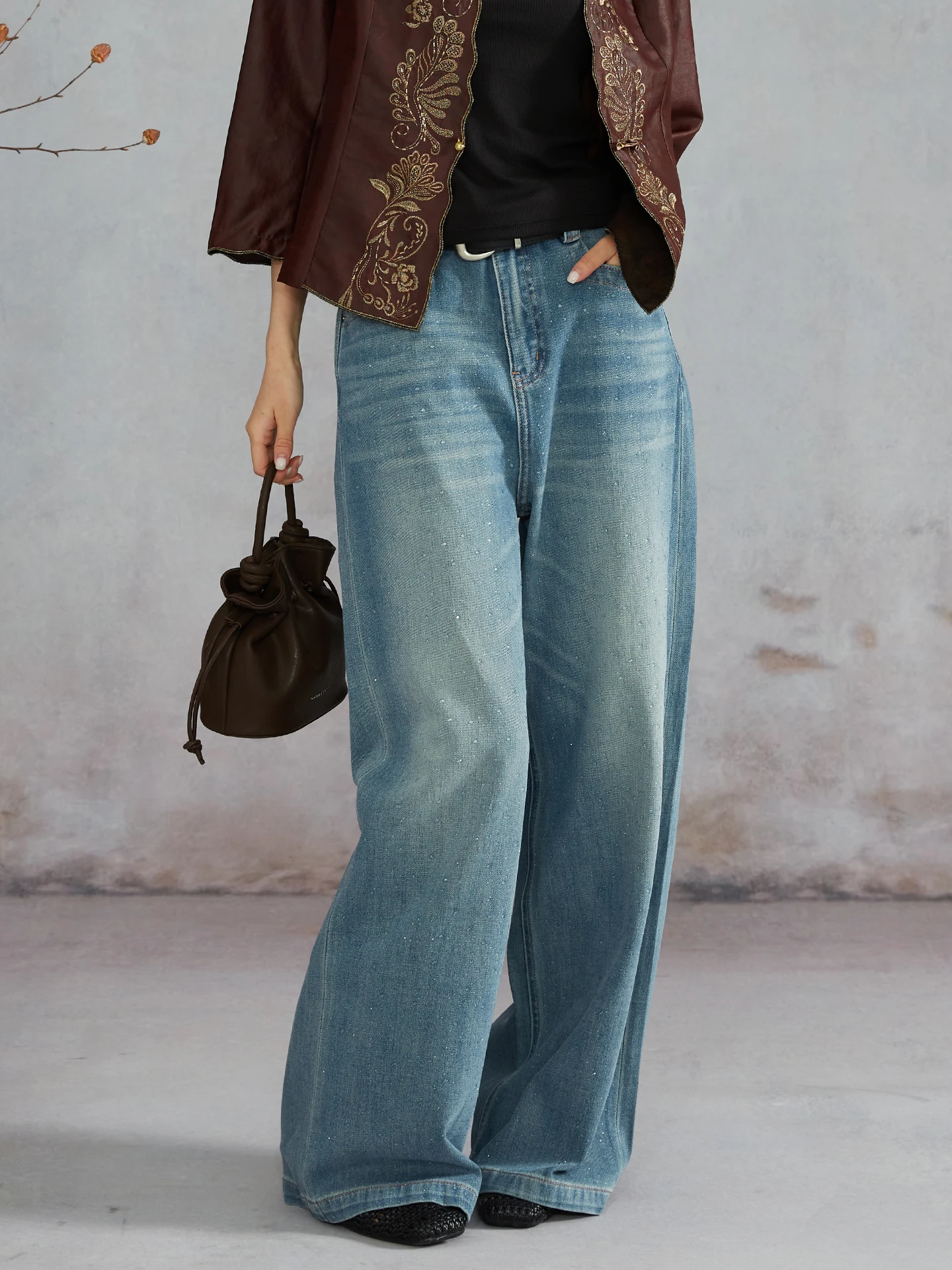 

Silviye Women's Straight Leg Jeans Modal Cotton Glittering Water Diamond Vintage High Waist Loose Wide Leg Spring Fashion