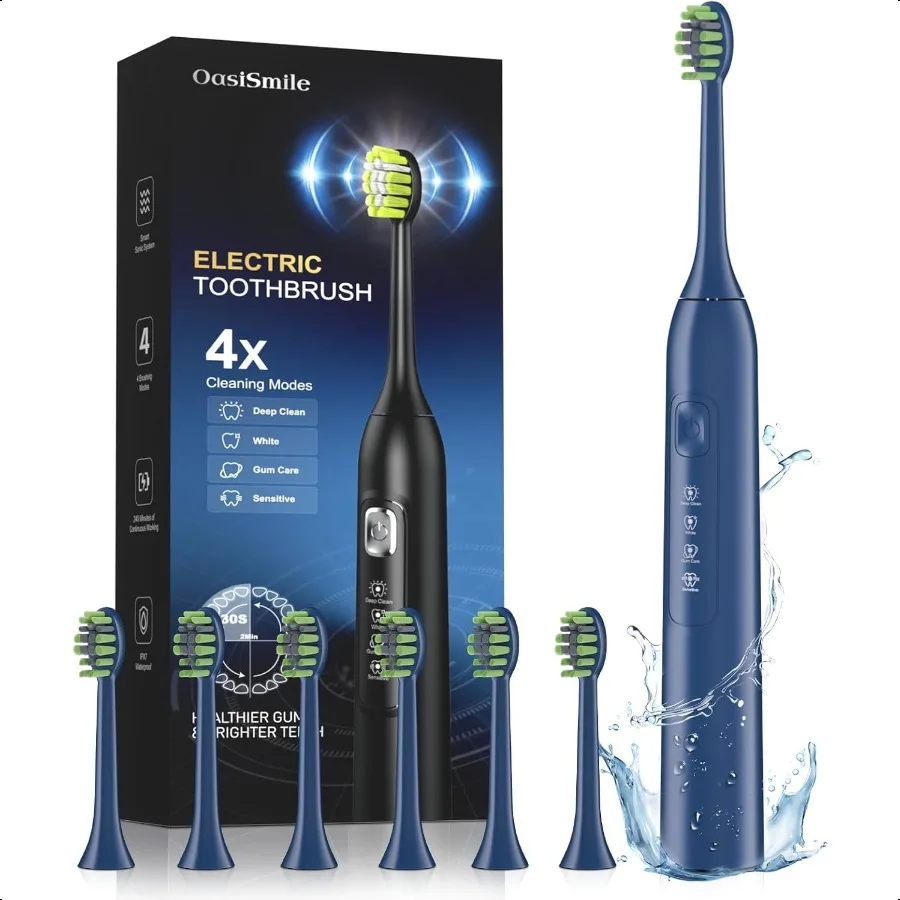 

Электрическая зубная щетка для взрослых, 42000 об/мин, звуковая зубная щетка Deep Clean с 6 насадками, 4 режима, IPX7, водонепроницаемая, перезаряжаемая