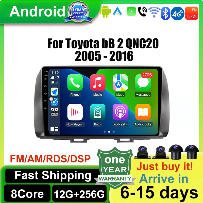 Для Toyota bB 2 QNC20 2005-2016 Беспроводной CarPlay Android 16 Автомобильное радио Мультимедийный стереоплеер WiFi GPS-навигация 4G