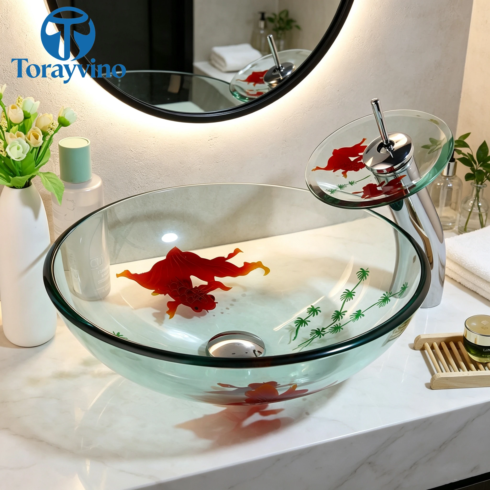 Torayvino Bathroom Round Tempered Glass  Basin Faucet Set Goldfish Vessel Sink Vanity Bowl Waterfall Faucets Pop-up Drain