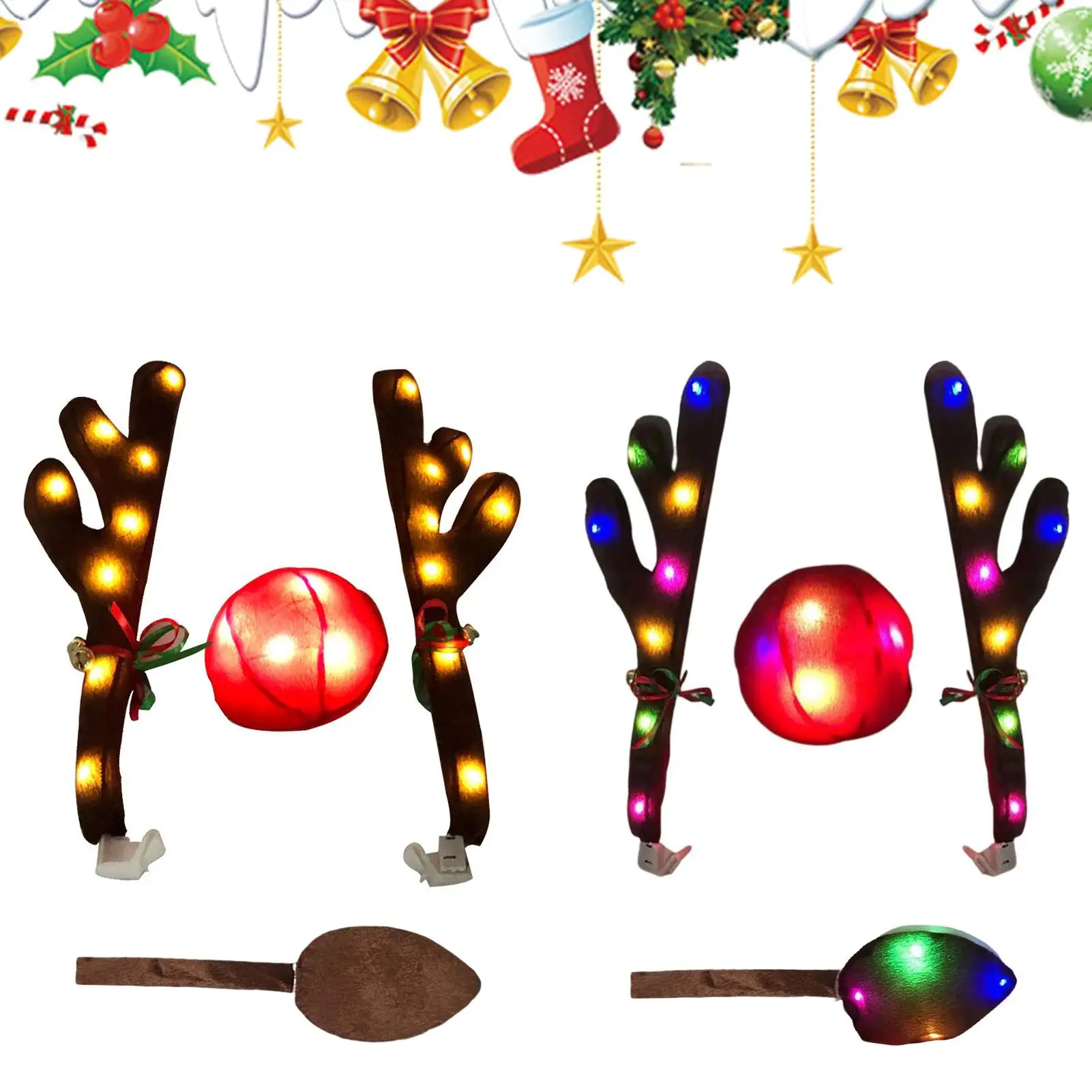 Christmas Car Decor Light Up Reindeer Antlers Kit with Red Nose & Tail for SUV Truck Automotive Holiday Party